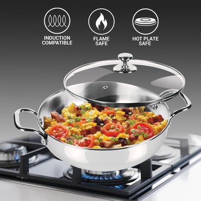Milton Pro Cook Procook Triply Induction Base Cookware Set Of 3 Stainless Steel |Sauce Pan 14 Cm, Fry Pan 24 Cm, Kadhai 24 Cm With Glass Lid 24 Cm, Silver | Dishwasher Safe | Food Safe | Flame Safe