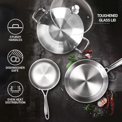 Milton Pro Cook Procook Triply Induction Base Cookware Set Of 3 Stainless Steel |Sauce Pan 14 Cm, Fry Pan 24 Cm, Kadhai 24 Cm With Glass Lid 24 Cm, Silver | Dishwasher Safe | Food Safe | Flame Safe