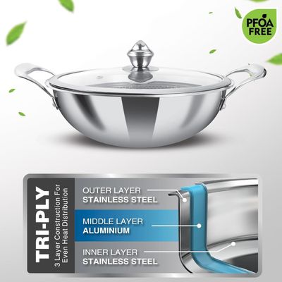 Milton Pro Cook Triply Hexa Tech Induction Stainless Steel Kadhai With Glass Lid, 24 Cm,Silver, 3 Layer Kadhai For Cooking, Induction Bottom And Gas Stove Ready Cookware, Easy To Clean