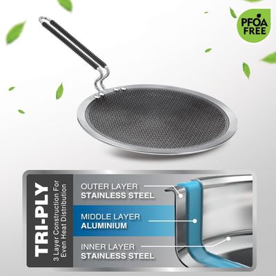 Milton Pro Cook Triply Hexa Tech Induction Stainless Steel Concave Tawa, 26 Cm, Silver, Honeycomb Non-Stick Structure,Sturdyhandle,Food Grade,Flame & Hot Plate Safe,Metal Spoon Friendly