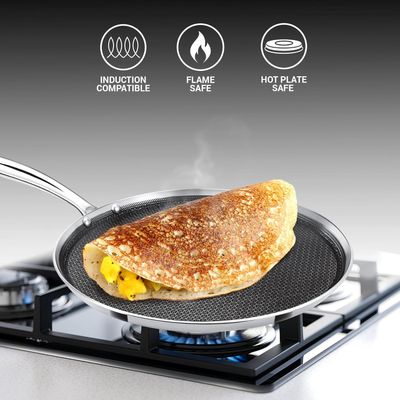 Milton Pro Cook Triply Hexa Tech Induction Stainless Steel Tawa, 28 Cm,Silver, Honeycomb Non-Stick Structure, Sturdyhandle, Food Grade, Flame & Hot Plate Safe