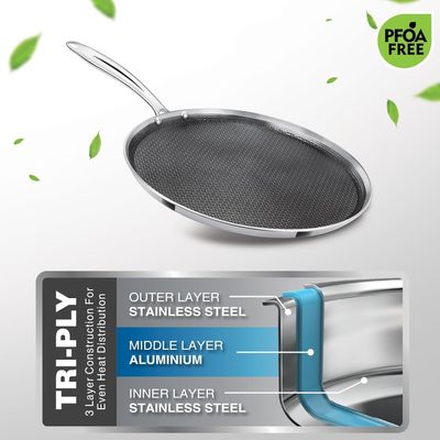 Milton Pro Cook Triply Hexa Tech Induction Stainless Steel Tawa, 28 Cm,Silver, Honeycomb Non-Stick Structure, Sturdyhandle, Food Grade, Flame & Hot Plate Safe