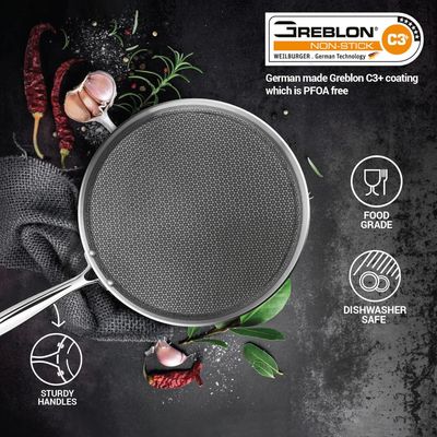 Milton Pro Cook Triply Hexa Tech Induction Stainless Steel Tawa, 28 Cm,Silver, Honeycomb Non-Stick Structure, Sturdyhandle, Food Grade, Flame & Hot Plate Safe
