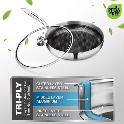 Milton Pro Cook Triply Hexa Tech Induction Stainless Steel Fry Pan With Glass Lid, 24 Cm,Silver, Honeycomb Non-Stick Structure, Skillet For Curry, Omelette Pans, Induction & Gas Friendly