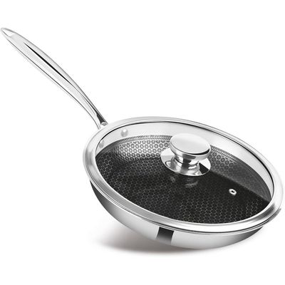 Milton Pro Cook Triply Hexa Tech Induction Stainless Steel Fry Pan With Glass Lid, 26 Cm Silver, Honeycomb Non-Stick Structure, Skillet For Curry, Omelette Pans, Induction & Gas Friendly
