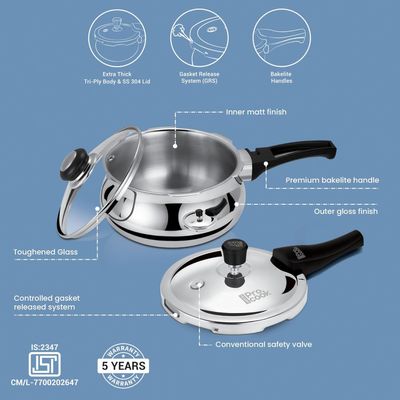 Milton Pro Cook Triply Stainless Steel Induction Curve Pressure Cooker With Outer & Glass Lid, 3.5 Litres, Silver | Gasket Release System Food Safe | Induction | Hot Plate | Flame Safe