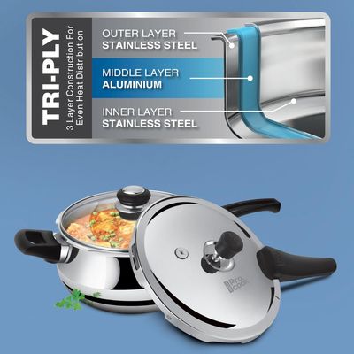 Milton Pro Cook Triply Stainless Steel Induction Curve Pressure Cooker With Outer & Glass Lid, 5.5 Litres, Silver | Gasket Release System Food Safe | Induction | Hot Plate | Flame Safe