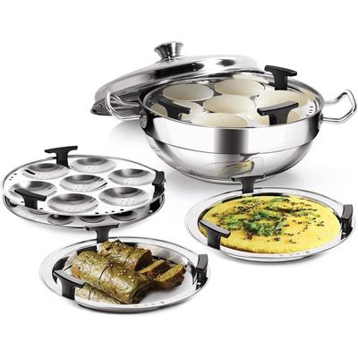 Milton Pro Cook Stainless Steel Multipurpose Kadai With Lid (2 Â€“ Regular Idli Plate; 1 - Mini Idli Plate; 1 - Steamer Plate; 2 - Dhokla Plate) All-In-One Multi Pot/Kadhai, Induction & Gas Friendly