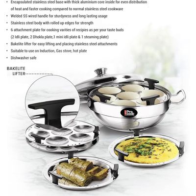 Milton Pro Cook Stainless Steel Multipurpose Kadai With Lid (2 Â€“ Regular Idli Plate; 1 - Mini Idli Plate; 1 - Steamer Plate; 2 - Dhokla Plate) All-In-One Multi Pot/Kadhai, Induction & Gas Friendly