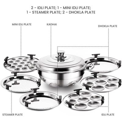 Milton Pro Cook Stainless Steel Multipurpose Kadai With Lid (2 Â€“ Regular Idli Plate; 1 - Mini Idli Plate; 1 - Steamer Plate; 2 - Dhokla Plate) All-In-One Multi Pot/Kadhai, Induction & Gas Friendly