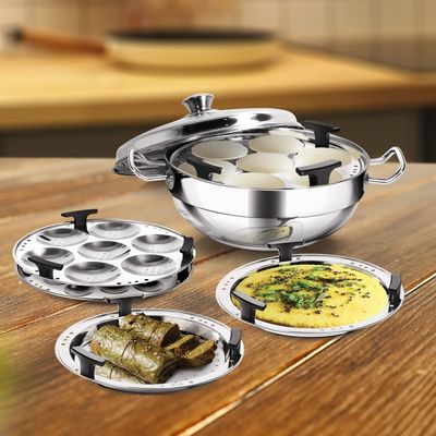 Milton Pro Cook Stainless Steel Multipurpose Kadai With Lid (2 Â€“ Regular Idli Plate; 1 - Mini Idli Plate; 1 - Steamer Plate; 2 - Dhokla Plate) All-In-One Multi Pot/Kadhai, Induction & Gas Friendly