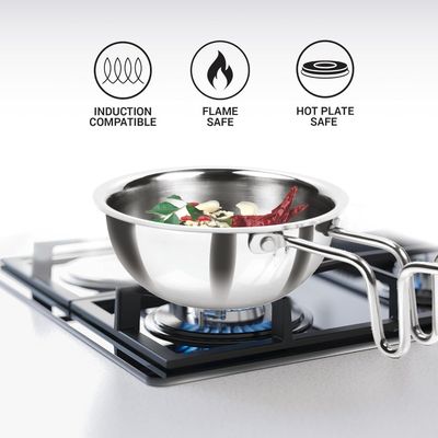 Milton Pro Cook Triply Stainless Steel 12Cm Tadka Pan,370Ml,For Spice Tempering/Seasoning,Sturdy Wired Handle, Smooth Finished Surface,Induction Bottom & Gas Stove Pan