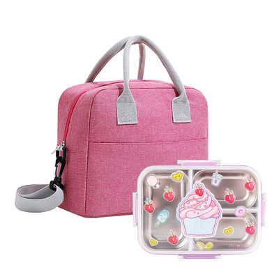 Eazy Kids 3 Compartment Stainless Steel bento Lunch Box 800ml w/ Lunch Bag - Cup Cake Purple
