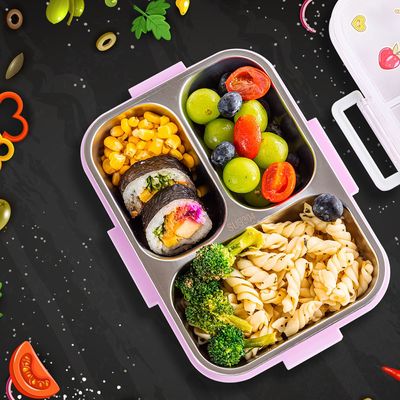 Eazy Kids 3 Compartment Stainless Steel bento Lunch Box 800ml w/ Lunch Bag - Cup Cake Purple