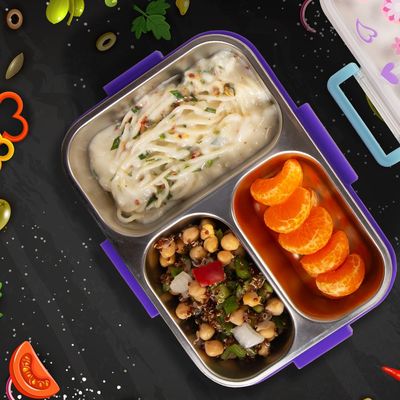 Eazy Kids 3 Compartment Stainless Steel bento Lunch Box, 800ml w/ Lunch Bag - Floral Purple