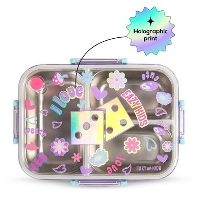 Eazy Kids 3 Compartment Stainless Steel bento Lunch Box, 800ml w/ Lunch Bag - Floral Purple