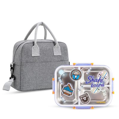 Eazy Kids 3 Compartment Stainless Steel bento Lunch Box, 800ml w/ Lunch Bag - Skate Board Purple