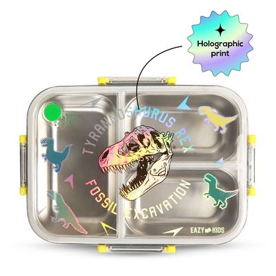 Eazy Kids 3 Compartment Stainless Steel bento Lunch Box, 800ml w/ Lunch Bag - T- Rex Purple