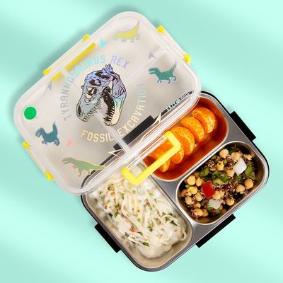 Eazy Kids 3 Compartment Stainless Steel bento Lunch Box, 800ml w/ Lunch Bag - T- Rex Purple