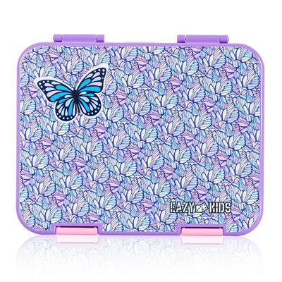 Eazy Kids 6 & 4 Convertible Bento Lunch Box w/ Lunch Bag, Steel Spoon & Fork Set and Alphabets Sticker - Butterfly Purple