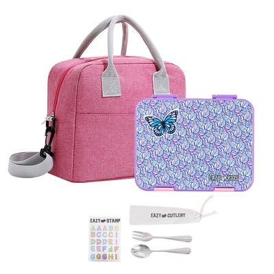 Eazy Kids 6 & 4 Convertible Bento Lunch Box w/ Lunch Bag, Steel Spoon & Fork Set and Alphabets Sticker - Butterfly Purple