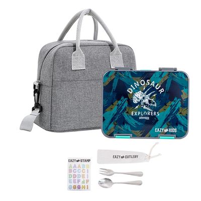 Eazy Kids 6 & 4 Convertible Bento Lunch Box w/ Lunch Bag, Steel Spoon & Fork Set and Alphabets Sticker - T-Rex Grey