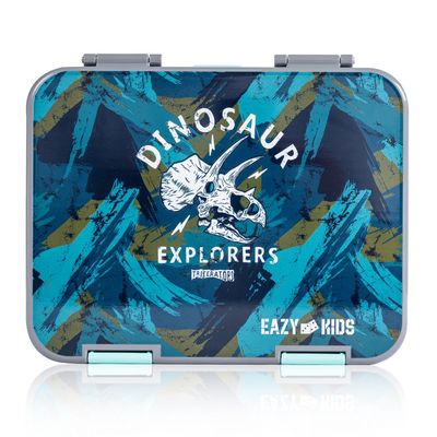 Eazy Kids 6 & 4 Convertible Bento Lunch Box w/ Lunch Bag, Steel Spoon & Fork Set and Alphabets Sticker - T-Rex Grey