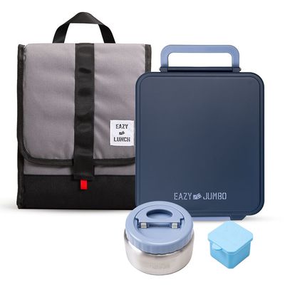 Eazy Kids Jumbo Bento Lunch Box w/ Lunch Bag, Thermos & Dip Jar- Grey