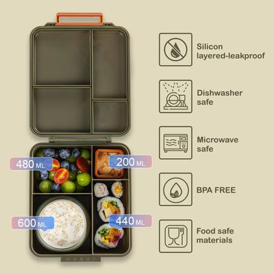 Eazy Kids Jumbo Bento Lunch Box w/ Lunch Bag, Thermos & Dip Jar- Green