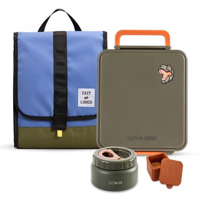 Eazy Kids Jumbo Bento Lunch Box w/ Lunch Bag, Thermos & Dip Jar- Green