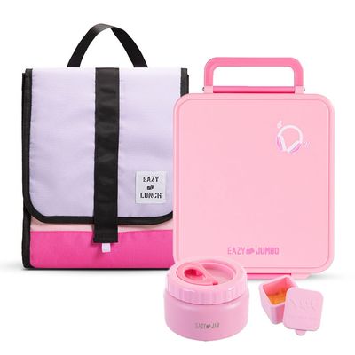 Eazy Kids Jumbo Bento Lunch Box w/ Lunch Bag, Thermos & Dip Jar- Pink