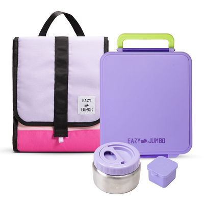 Eazy Kids Jumbo Bento Lunch Box w/ Lunch Bag, Thermos & Dip Jar- Purple