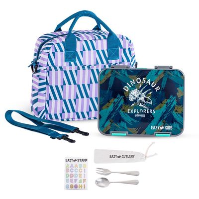 Eazy Kids 6 & 4 Convertible Bento Lunch Box w/ Lunch Bag, Steel Spoon & Fork Set and Alphabets Sticker - T-Rex Grey
