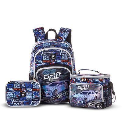 Eazy Kids 18" Set of 5 Backpack w/ Water Bottle, Lunch Box, Lunch Bag and Pencil Case - Car Racing