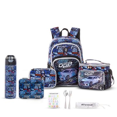 Eazy Kids 18" Set of 5 Backpack w/ Water Bottle, Lunch Box, Lunch Bag and Pencil Case - Car Racing