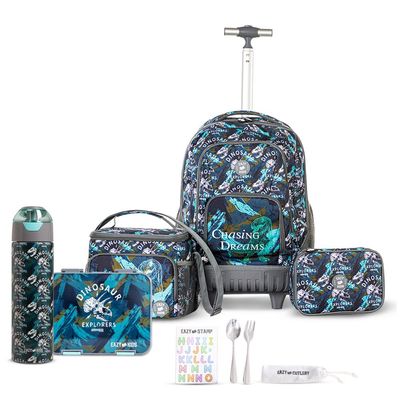 Eazy Kids 18" Set of 5 Trolley Backpack w/ Water Bottle, Lunch Box, Lunch Bag and Pencil Case-T Rex