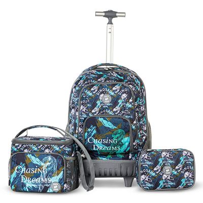 Eazy Kids 18" Set of 5 Trolley Backpack w/ Water Bottle, Lunch Box, Lunch Bag and Pencil Case-T Rex