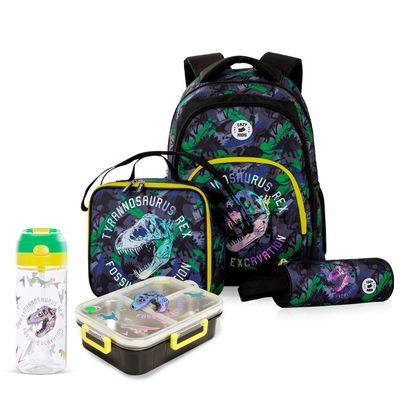 Eazy Kids 17" Set of 5 Backpack w/ Water Bottle, Lunch Box, Lunch Bag and Pencil Case - T-Rex 