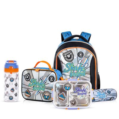 Eazy Kids 17" Set of 5 Backpack w/ Water Bottle, Lunch Box, Lunch Bag and Pencil Case - Skate Board