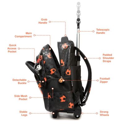 Eazy Kids Trolley 18" School Bag Set of 4 w/ Duffle bag, Lunch Bag and Pencil Case - Football Black