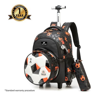 Eazy Kids Trolley 18" School Bag Set of 4 w/ Duffle bag, Lunch Bag and Pencil Case - Football Black