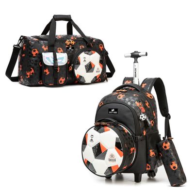Eazy Kids Trolley 18" School Bag Set of 4 w/ Duffle bag, Lunch Bag and Pencil Case - Football Black