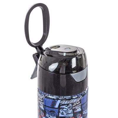 Eazy Kids 6 & 4 Convertible Bento Lunch Box w/ Water Bottle, Steel Spoon & Fork Set and Alphabets Sticker - Car Racing Blue