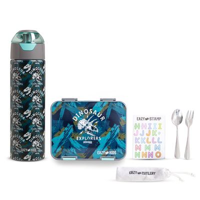 Eazy Kids 6 & 4 Convertible Bento Lunch Box w/ Water Bottle, Steel Spoon & Fork Set and Alphabets Sticker - T-Rex Grey
