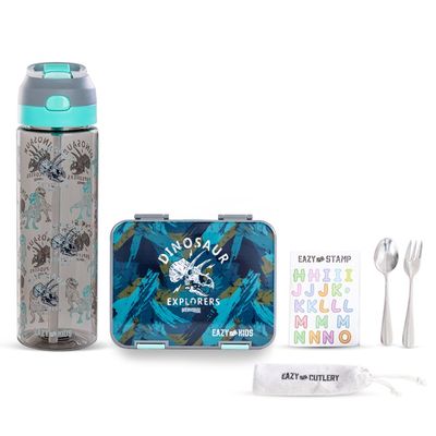 Eazy Kids 6 & 4 Convertible Bento Lunch Box w/ Water Bottle, Steel Spoon & Fork Set and Alphabets Sticker - T-Rex Grey