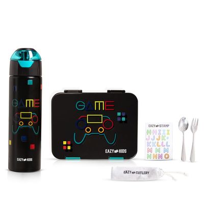 Eazy Kids 6 & 4 Convertible Bento Lunch Box w/ Water Bottle, Steel Spoon & Fork Set and Alphabets Sticker - Gamer