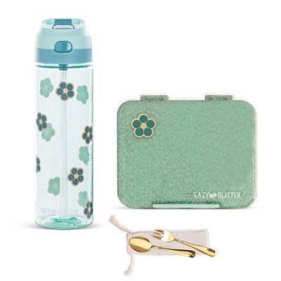 Eazy Kids 6 & 4 Convertible Bento Lunch Box w/ Water Bottle - Glitter Green