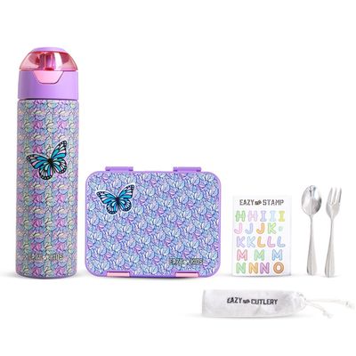 Eazy Kids 6 & 4 Convertible Bento Lunch Box w/ Water Bottle, Steel Spoon & Fork Set and Alphabets Sticker - Butterfly Purple