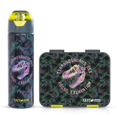 Eazy Kids 6 & 4 Convertible Bento Lunch Box w/ Water Bottle, Steel Spoon & Fork Set and Alphabets Sticker - T-Rex dino Grey
