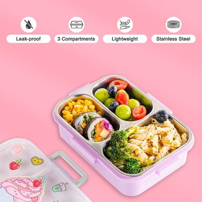 Eazy Kids 3 Compartment 800ml Stainless Steel bento Lunch Box w/ Water Bottle - Cup Cake Purple